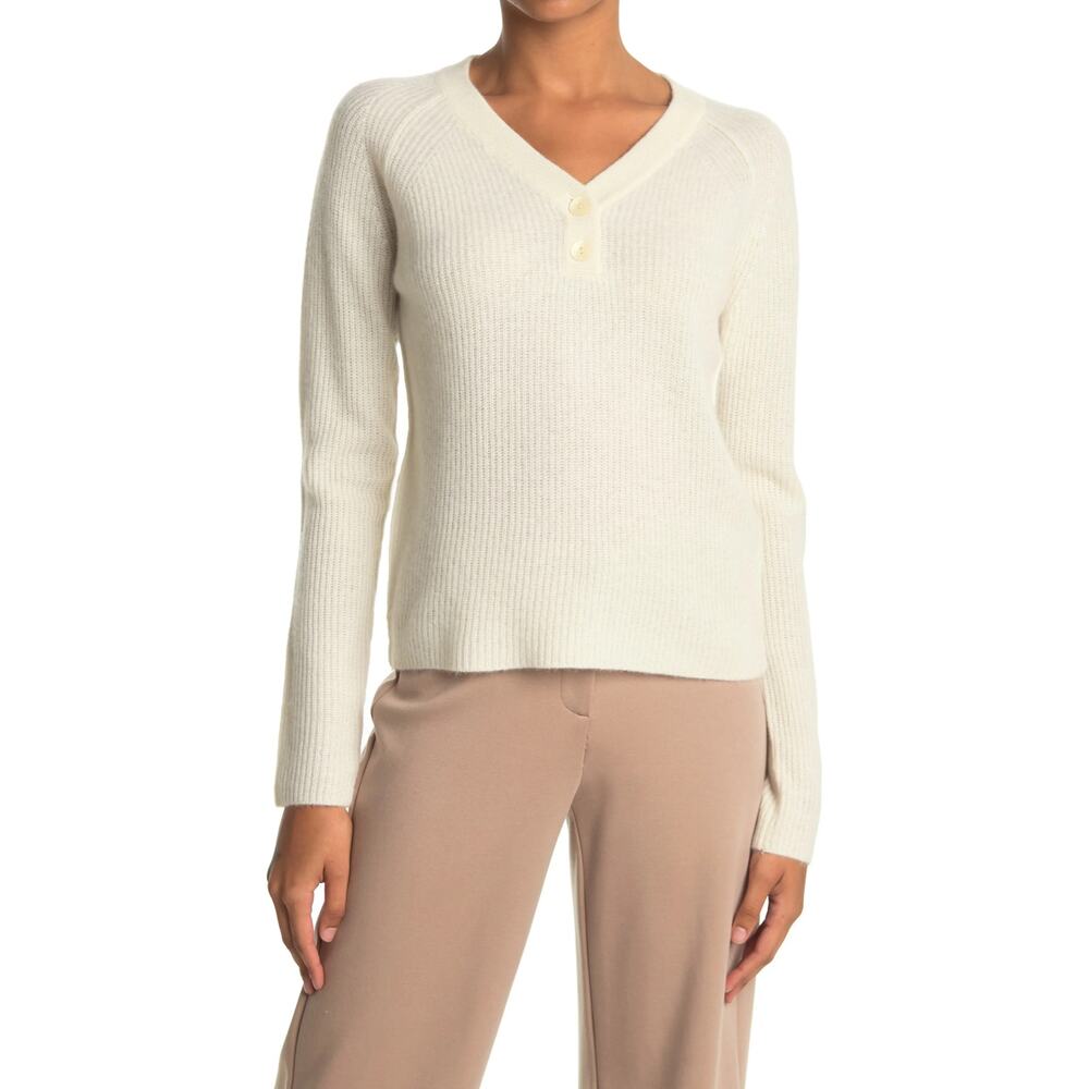 Griffen Ribbed Knit Cashmere Raglan Henley in Ivory Size S
